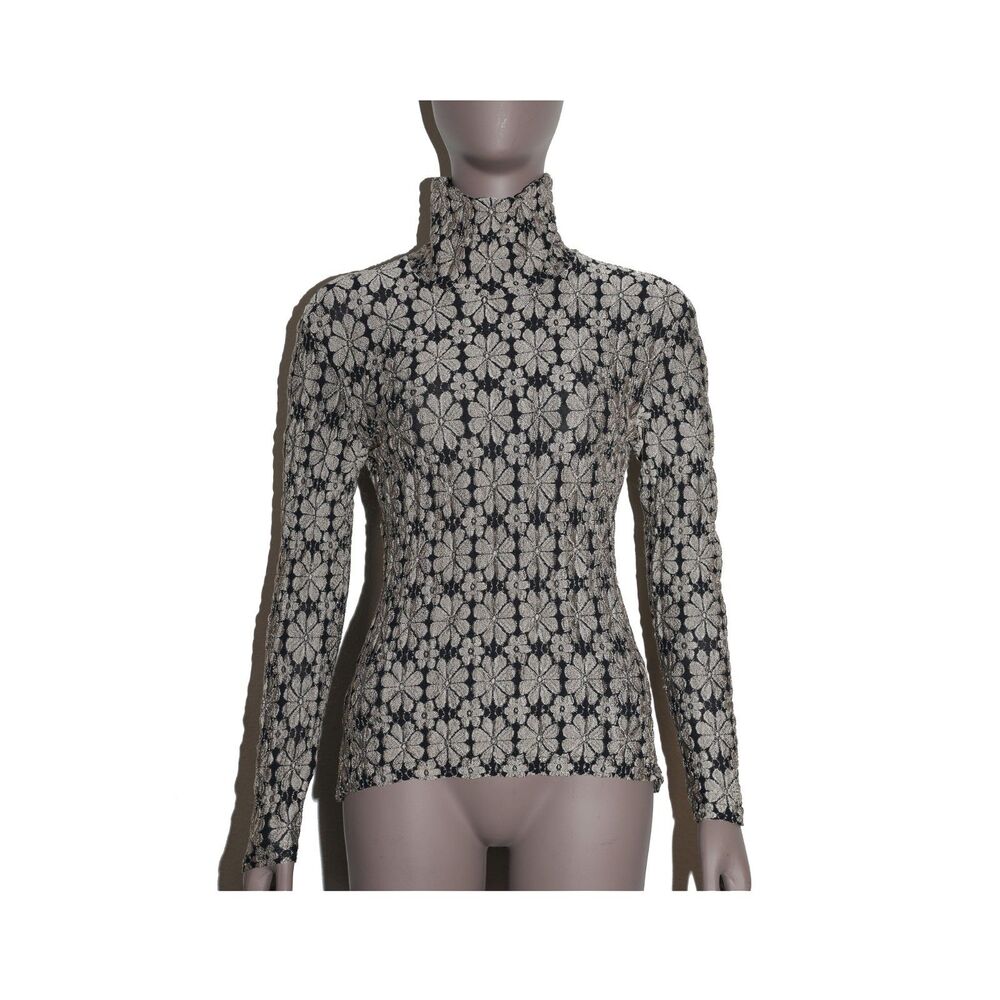 Y2K Vintage Floral‎ Beige Black Turtleneck Long Sleeve Top Size Small